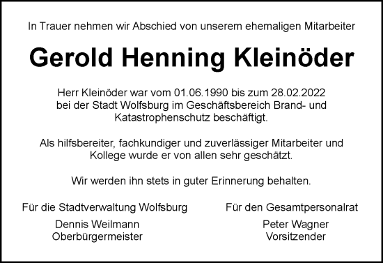 Traueranzeige von Gerold Henning Kleinöder von Wolfsburger Nachrichten