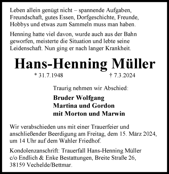 Traueranzeige von Hans-Henning Müller von Peiner Nachrichten