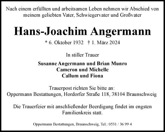 Traueranzeige von Hans-Joachim Angermann von Braunschweiger Zeitung