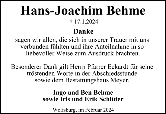 Traueranzeige von Hans-Joachim Behme von Wolfsburger Nachrichten