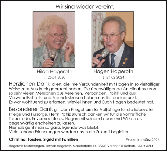 Traueranzeige von Hilda und Hagen Hageroth von Braunschweiger Zeitung