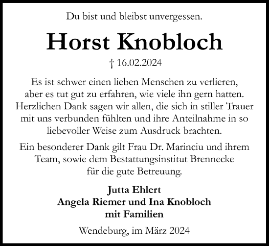 Traueranzeige von Horst Knobloch von Peiner Nachrichten