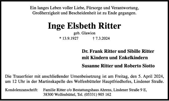 Traueranzeige von Inge Elsbeth Ritter von Braunschweiger Zeitung