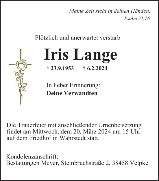 Traueranzeige von Iris Lange von Wolfsburger Nachrichten