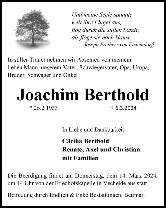 Traueranzeige von Joachim Berthold von Peiner Nachrichten