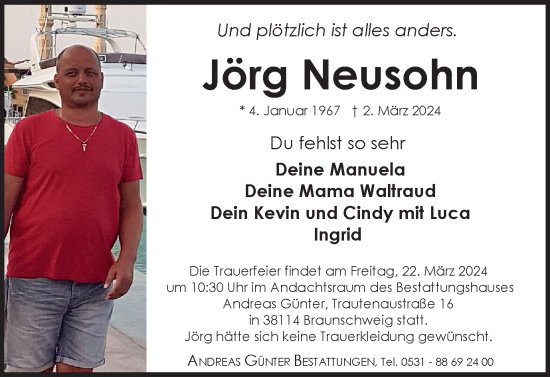 Traueranzeige von Jörg Neusohn von Braunschweiger Zeitung