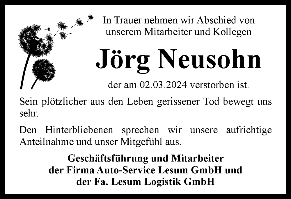  Traueranzeige für Jörg Neusohn vom 09.03.2024 aus Braunschweiger Zeitung