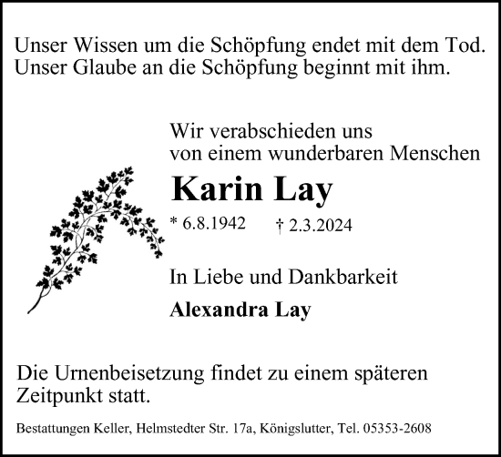 Traueranzeige von Karin Lay von Helmstedter Nachrichten