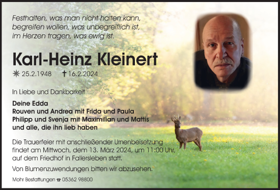 Traueranzeige von Karl-Heinz Kleinert von Wolfsburger Nachrichten