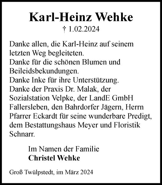 Traueranzeige von Karl-Heinz Wehke von Helmstedter Nachrichten