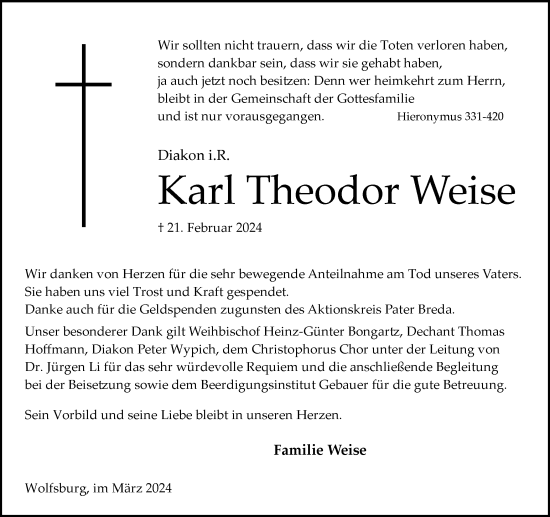 Traueranzeige von Karl Theodor Weise von Wolfsburger Nachrichten