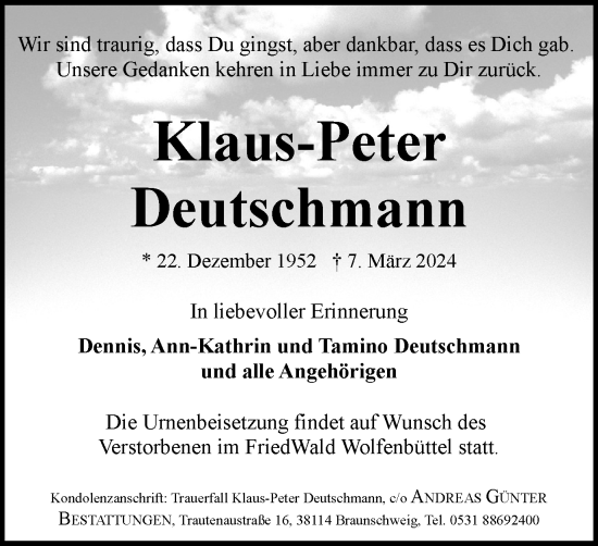 Traueranzeige von Klaus-Peter Deutschmann von Braunschweiger Zeitung