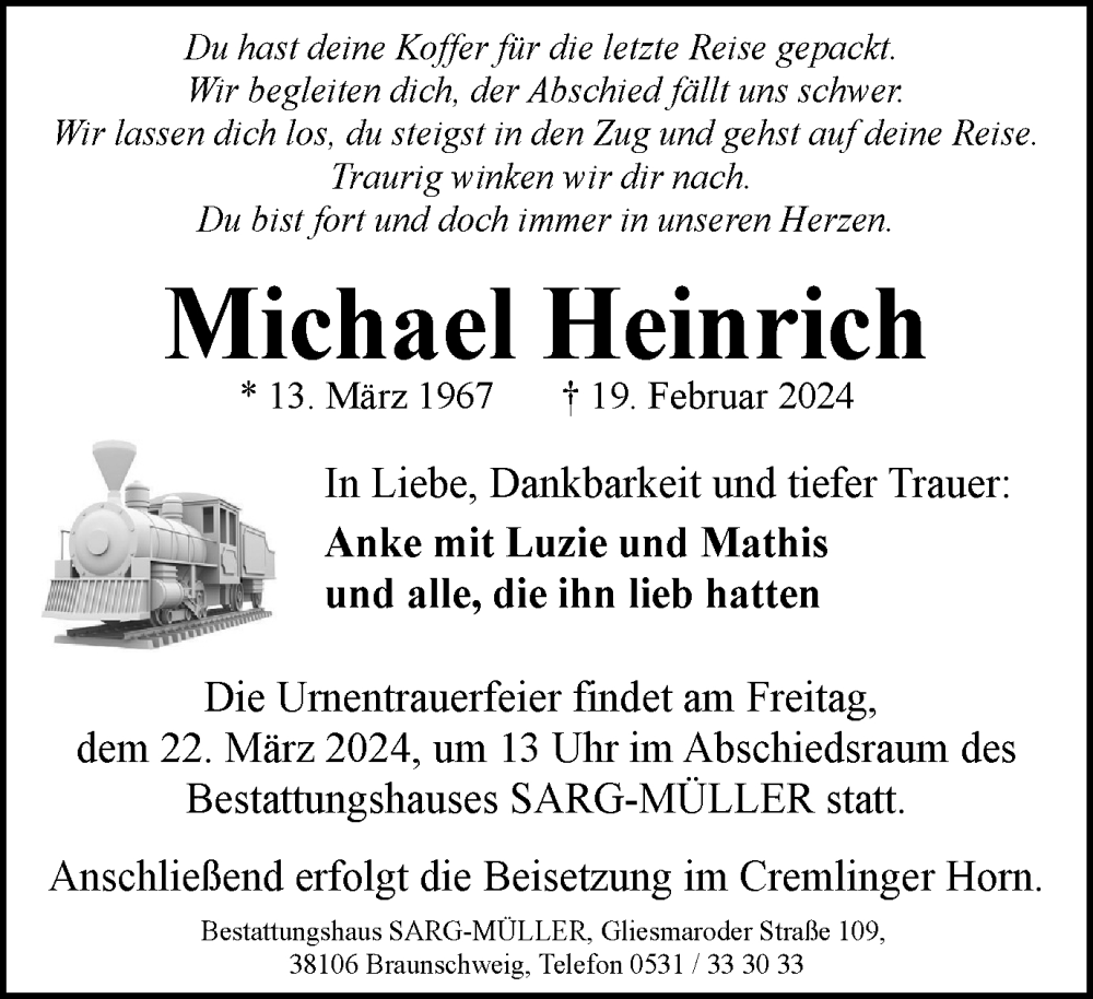  Traueranzeige für Michael Heinrich vom 09.03.2024 aus Braunschweiger Zeitung