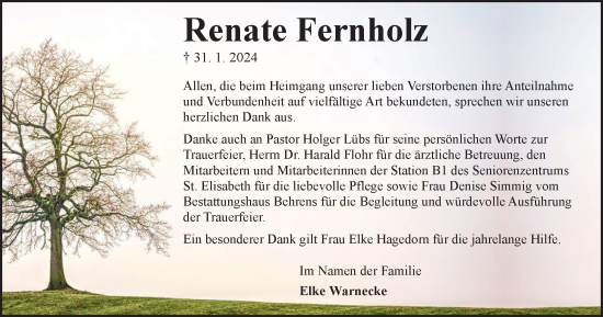 Traueranzeige von Renate Fernholz von Wolfsburger Nachrichten