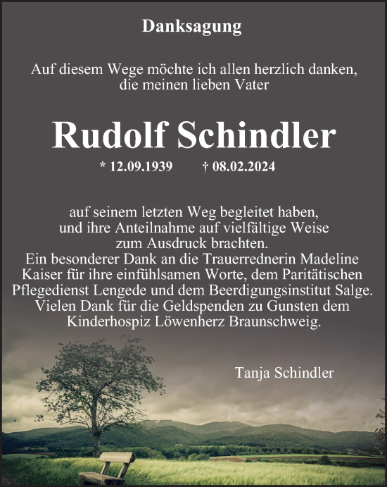 Traueranzeige von Rudolf Schindler von Peiner Nachrichten