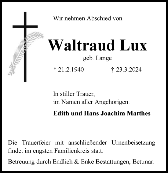 Traueranzeige von Waltraud Lux von Peiner Nachrichten