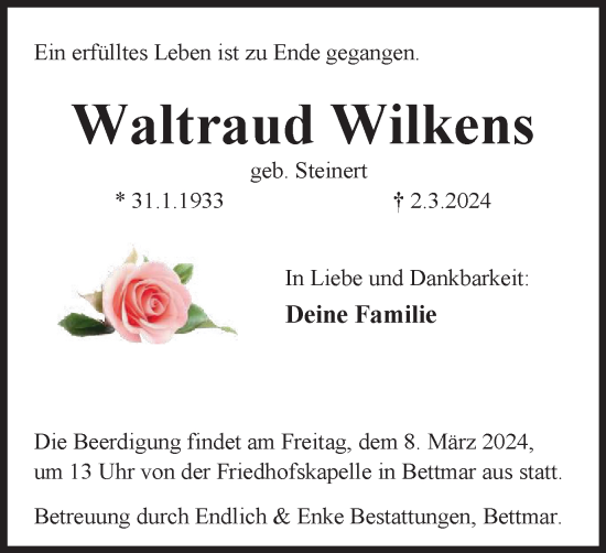 Traueranzeige von Waltraud Wilkens von Peiner Nachrichten