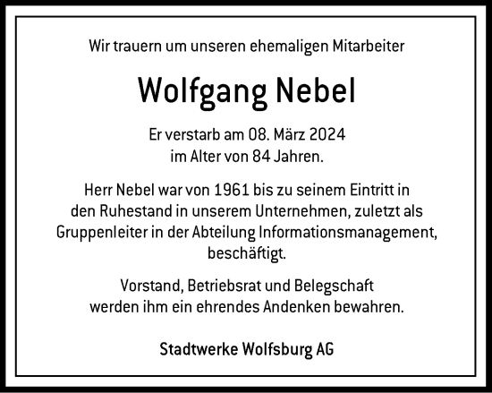 Traueranzeige von Wolfgang Nebel von Wolfsburger Nachrichten