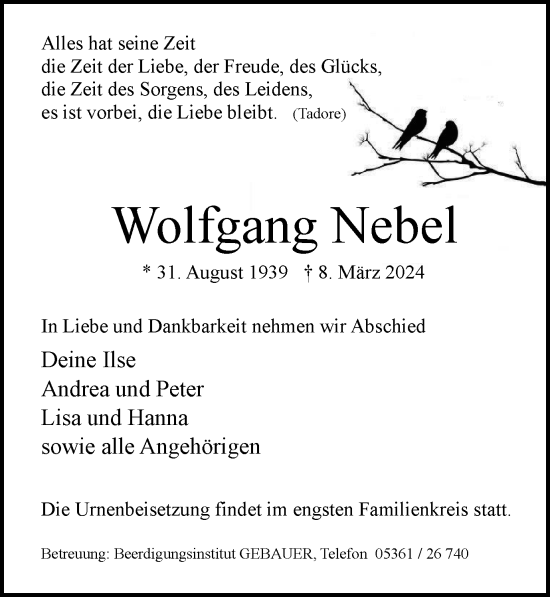 Traueranzeige von Wolfgang Nebel von Wolfsburger Nachrichten