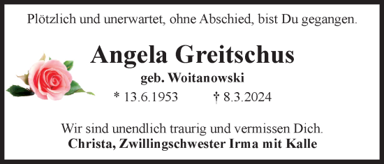 Traueranzeige von Angela Greitschus von Neue Braunschweiger am Samstag