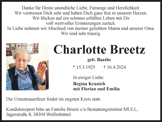 Traueranzeige von Charlotte Breetz von Braunschweiger Zeitung
