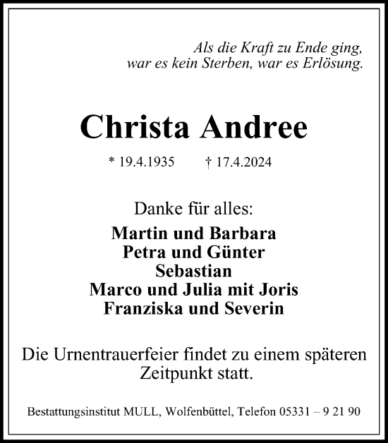 Traueranzeige von Christa Andree von Wolfenbütteler Zeitung