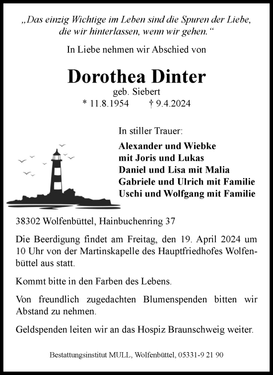 Traueranzeige von Dorothea Dinter von Wolfenbütteler Zeitung