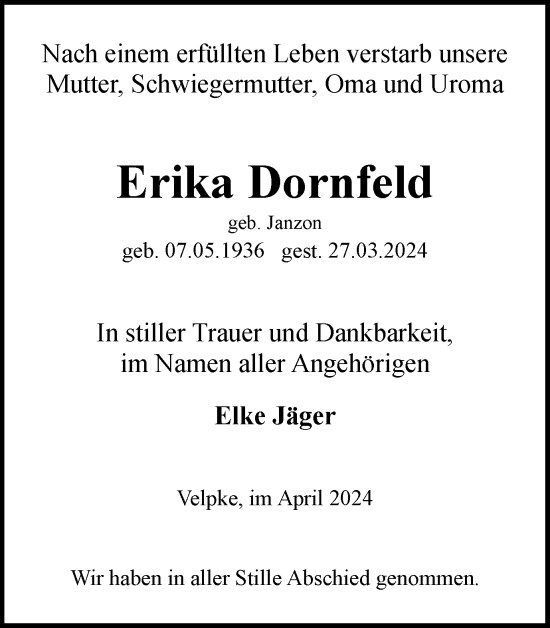 Traueranzeige von Erika Dornfeld von Wolfsburger Nachrichten