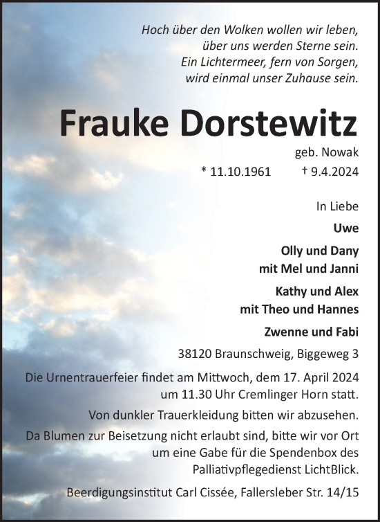 Traueranzeige von Frauke Dorstewitz von Braunschweiger Zeitung