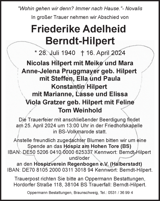 Traueranzeige von Friederike Adelheid Berndt-Hilpert von Braunschweiger Zeitung