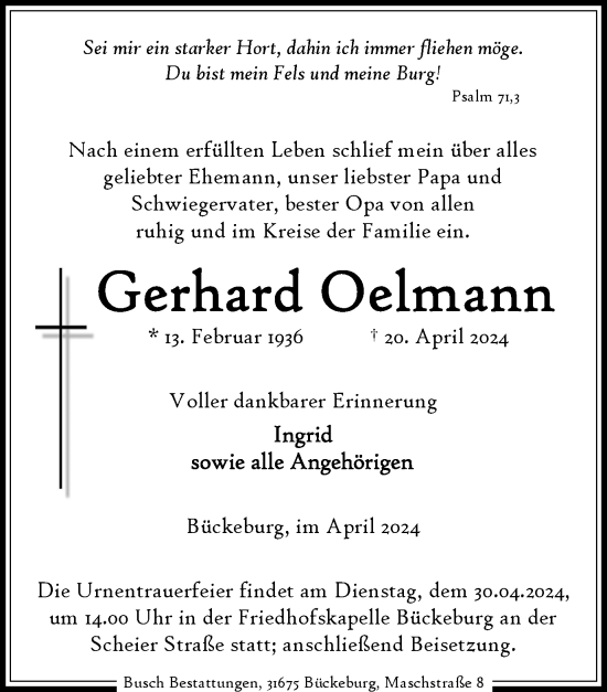 Traueranzeige von Gerhard Oelmann von Braunschweiger Zeitung