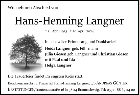 Traueranzeige von Hans-Henning Langner von Braunschweiger Zeitung