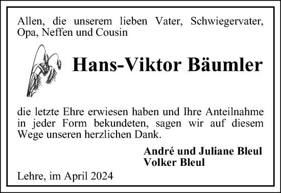 Traueranzeige von Hans-Viktor Bäumler von Braunschweiger Zeitung