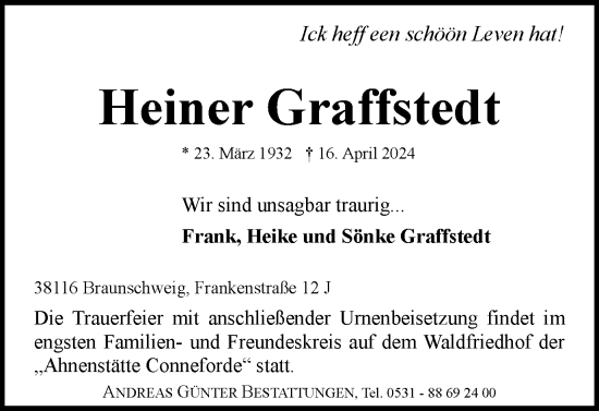 Traueranzeige von Heiner Graffstedt von Braunschweiger Zeitung