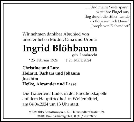 Traueranzeige von Ingrid Blöhbaum von Braunschweiger Zeitung