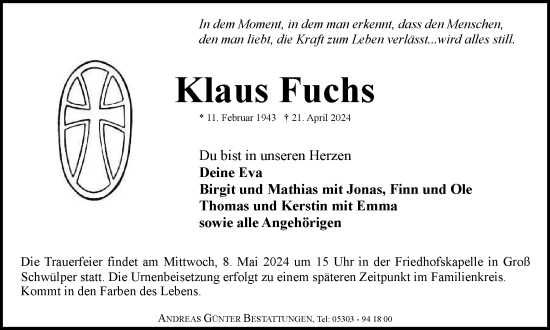Traueranzeige von Klaus Fuchs von Braunschweiger Zeitung