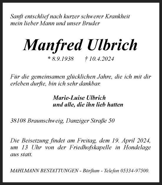 Traueranzeige von Manfred Ulbrich von Braunschweiger Zeitung