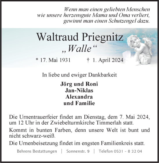Traueranzeige von Waltraud Priegnitz von Braunschweiger Zeitung