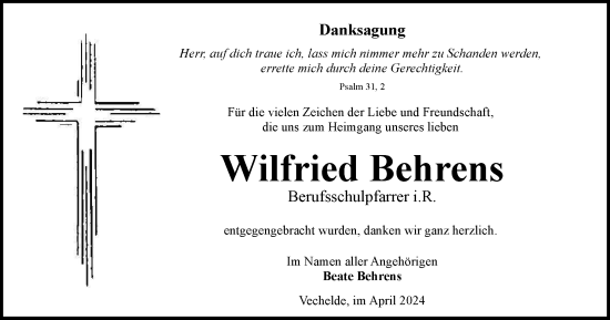 Traueranzeige von Wilfried Behrens von Braunschweiger Zeitung