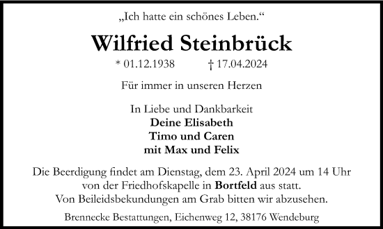 Traueranzeige von Wilfried Steinbrück von Braunschweiger Zeitung