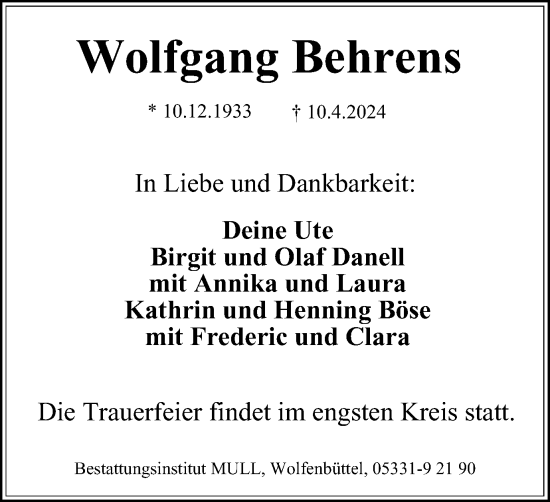 Traueranzeige von Wolfgang Behrens von Wolfenbütteler Zeitung
