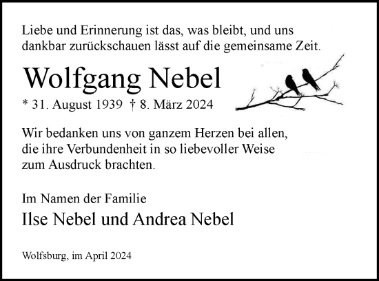 Traueranzeige von Wolfgang Nebel von Wolfsburger Nachrichten