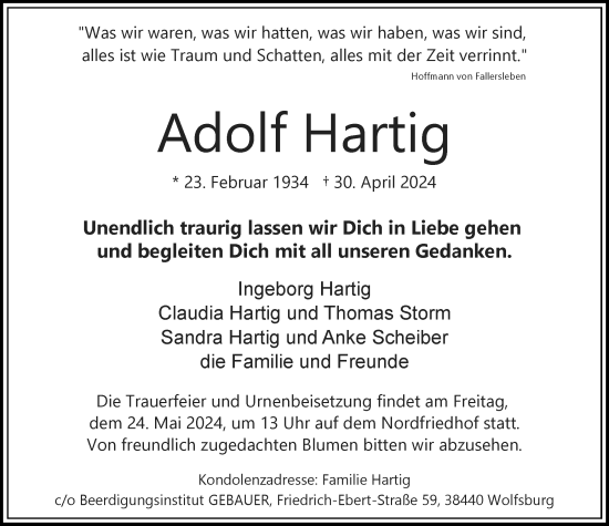 Traueranzeige von Adolf Hartig von Wolfsburger Nachrichten