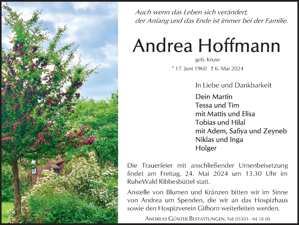  Traueranzeige für Andrea Hoffmann vom 11.05.2024 aus Braunschweiger Zeitung