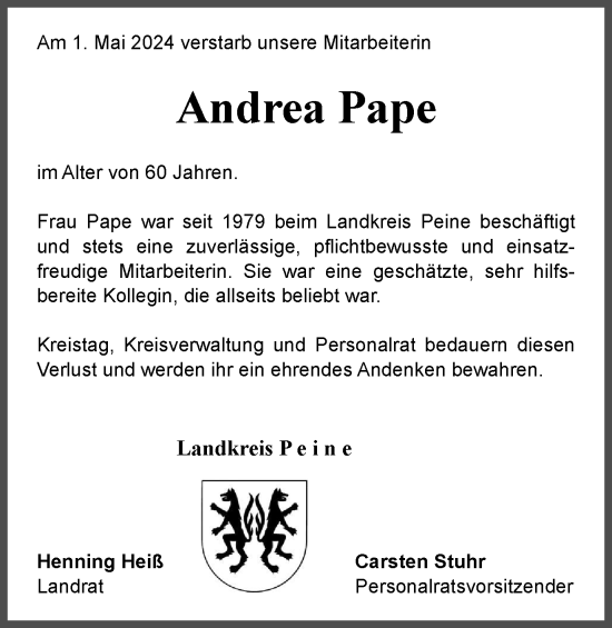 Traueranzeige von Andrea Pape von Peiner Nachrichten