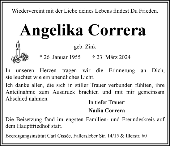 Traueranzeige von Angelika Correra von Neue Braunschweiger am Samstag