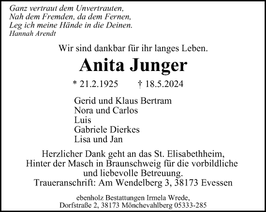 Traueranzeige von Anita Junger von Braunschweiger Zeitung