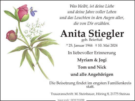 Traueranzeige von Anita Stiegler von Braunschweiger Zeitung