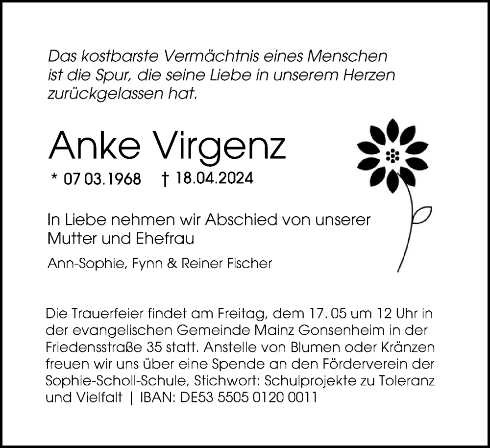  Traueranzeige für Anke Virgenz vom 11.05.2024 aus Helmstedter Nachrichten