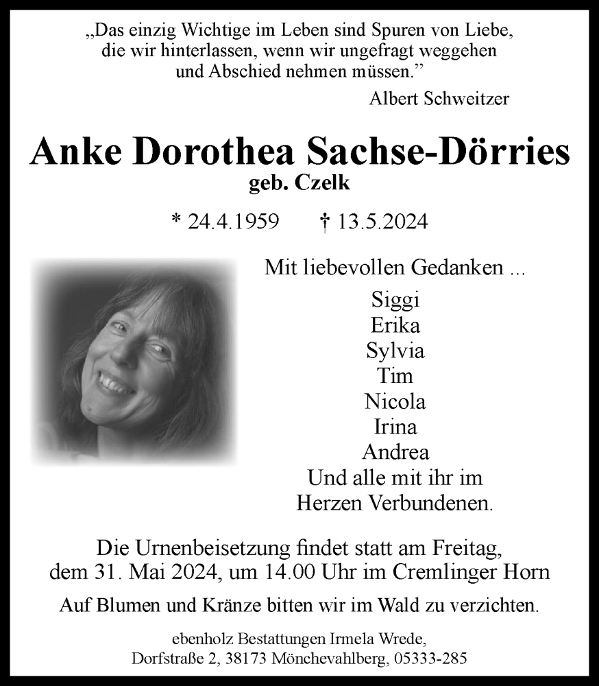  Traueranzeige für Anke Dorothea Sachse-Dörries vom 18.05.2024 aus Braunschweiger Zeitung